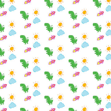 Seamless Playful Dinosaur and Rocket Pattern for Childrens Designs