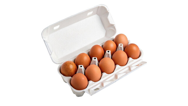 Open cardboard egg carton tray box filled with brown chicken eggs isolated on transparent background