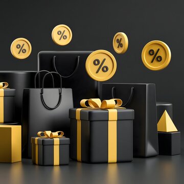 3D Black Friday shopping composition with oversized shopping bags, gift boxes, floating coins, geometric discount symbols and glossy black surfaces, premium studio render