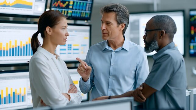 Retail analytics concept for Black Friday with business professionals examining sales dashboards, conversion metrics, inventory levels and customer demand in a modern control room