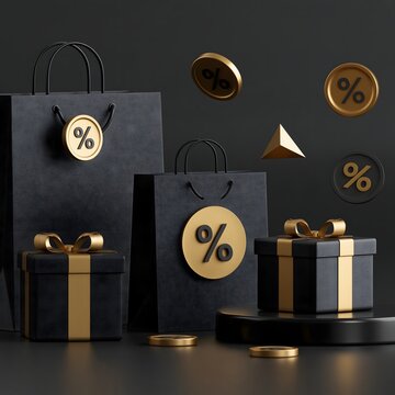 3D Black Friday shopping composition with oversized shopping bags, gift boxes, floating coins, geometric discount symbols and glossy black surfaces, premium studio render
