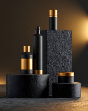 Premium Black Friday product display with skincare bottles, cosmetic packaging, black stone podiums and warm golden highlights, elegant beauty advertising photography