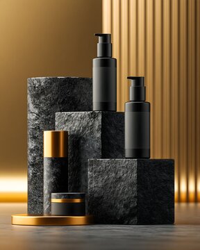 Premium Black Friday product display with skincare bottles, cosmetic packaging, black stone podiums and warm golden highlights, elegant beauty advertising photography