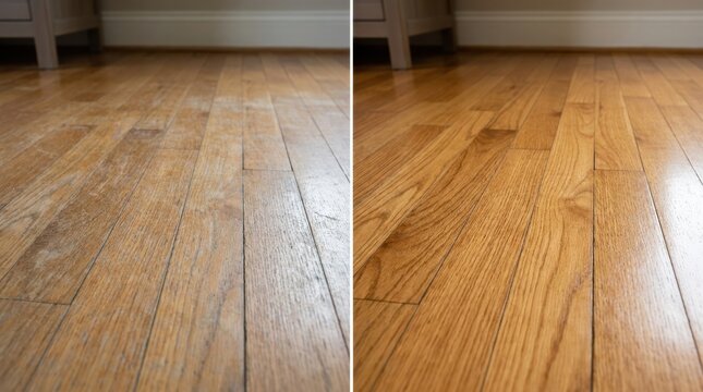 wood floor refinishing before after Comparison of a wooden floor before and after cleaning or polishing