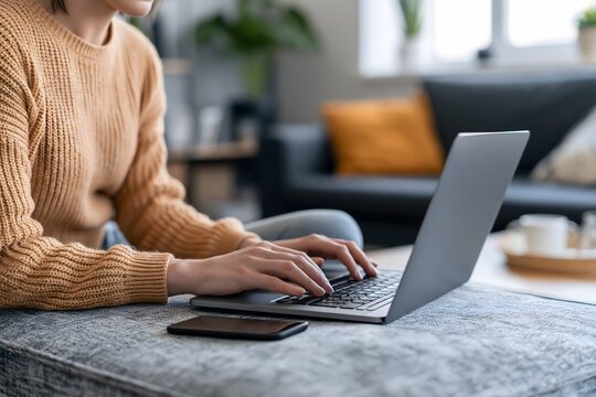 Cyber Monday shopping from home with a consumer comparing products on a laptop, smartphone beside the keyboard, cozy modern interior and natural daylight, realistic lifestyle photography