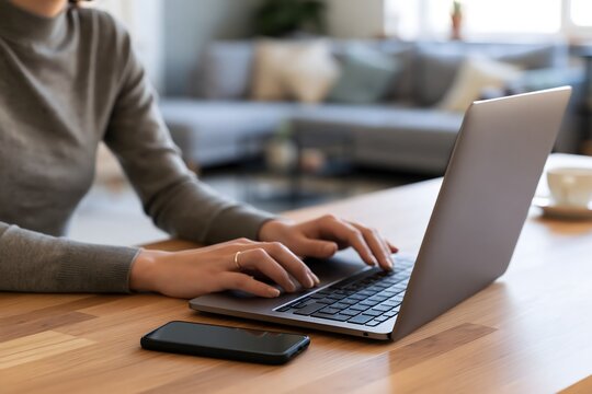 Cyber Monday shopping from home with a consumer comparing products on a laptop, smartphone beside the keyboard, cozy modern interior and natural daylight, realistic lifestyle photography