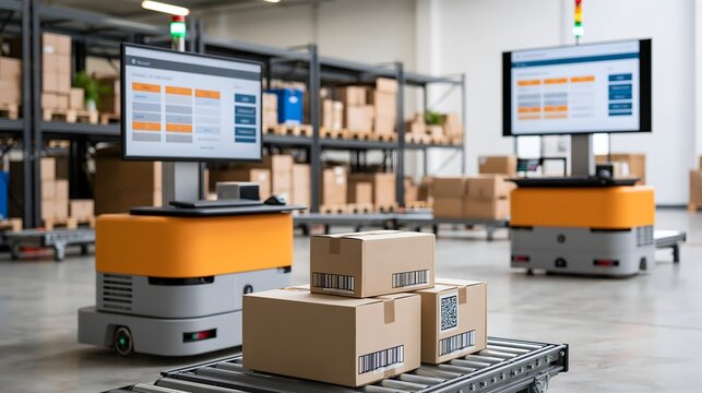 Global Cyber Monday fulfillment operations featuring automated warehouse robots, digital order management screens, parcels and real-time delivery tracking, modern logistics photography