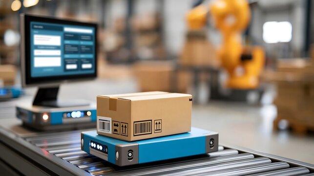 Global Cyber Monday fulfillment operations featuring automated warehouse robots, digital order management screens, parcels and real-time delivery tracking, modern logistics photography