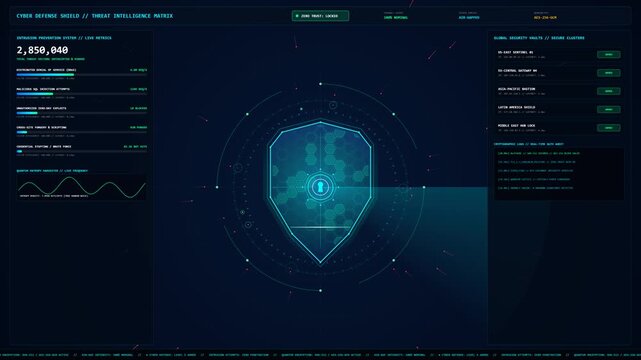 Ultra HD 4K cybersecurity motion graphics loop with glowing holographic defense shield, threat neutralization radar, firewall telemetry, and cyber data. 60fps.