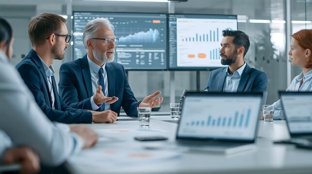 Corporate New Year 2027 strategy meeting with business professionals reviewing annual objectives, growth projections and financial dashboards in a modern glass conference room