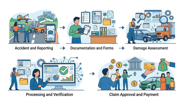 Car Insurance Claim Process: Accident to Payment - Isolated Vector