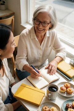 High angle view of smiling senior woman with pen, diary sitting in cafe. Elderly female friend enjoys coffee, conversation with lady. Two women bond over writing, books at cozy restaurant table