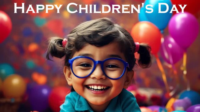 Happy Children's Day Card postcard with Text and Girl on Background Colorful Balloons AI Generative