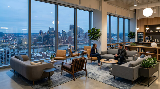 Modern living room with panoramic city view and stylish furniture.