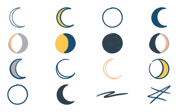 Moon phases set with yellow and blue crescent shapes for layout.