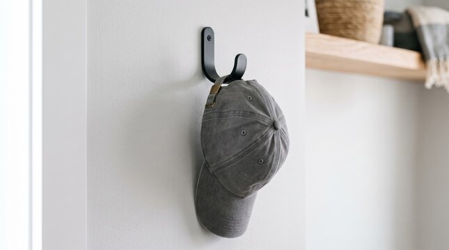 Grey baseball cap hanging on a modern black wall hook inside a minimalist home entryway.