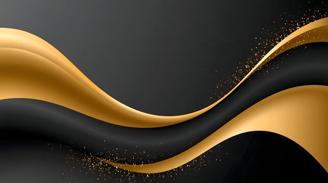 Minimal Black Friday advertising background featuring a black gradient, abstract gold curves, subtle metallic particles and large clean copy space for designer-created sale messaging
