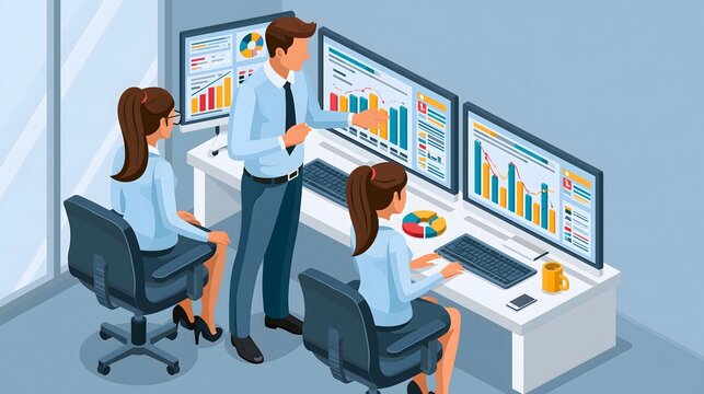 Retail analytics concept for Black Friday with business professionals examining sales dashboards, conversion metrics, inventory levels and customer demand in a modern control room