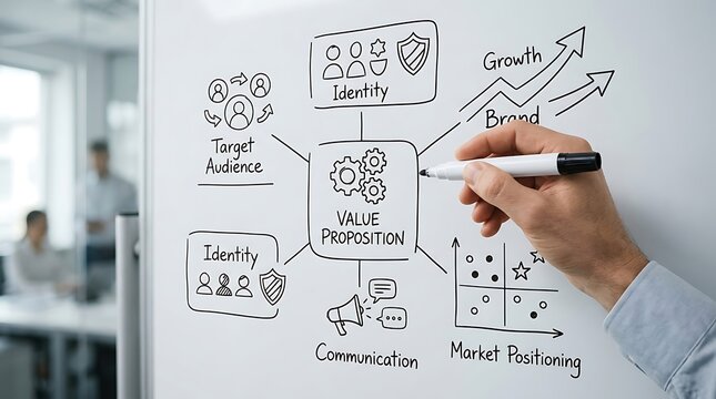 A business person drawing a value proposition diagram on a whiteboard in a modern office.