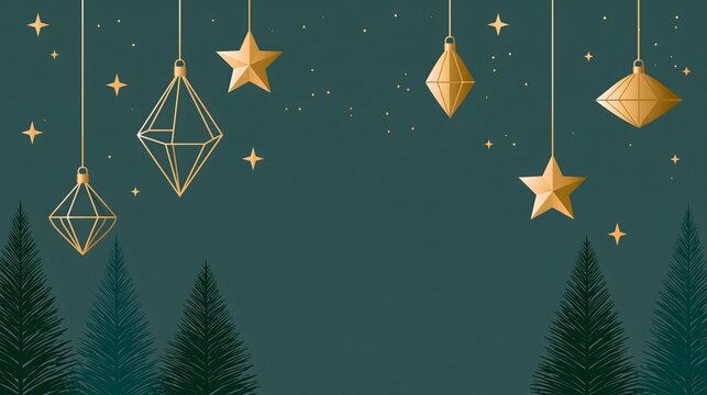 Christmas corporate greeting background featuring subtle gold stars, evergreen silhouettes, elegant geometric ornaments and generous negative space for company branding and seasonal messages