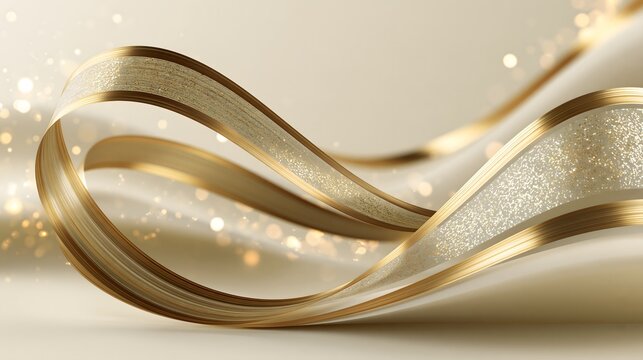 Abstract New Year 2027 background with flowing metallic gold ribbons, luminous particles, elegant curves and refined champagne tones, premium seasonal advertising design