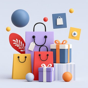 3D holiday retail composition with colorful shopping bags, gift boxes, abstract festive ornaments and floating product cards, polished commercial illustration