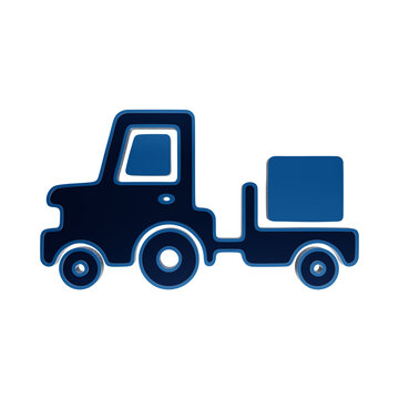 Blue 3D icon of a flatbed cargo truck carrying a square box container for shipping and logistics flatbed truck isolated on a transparent background