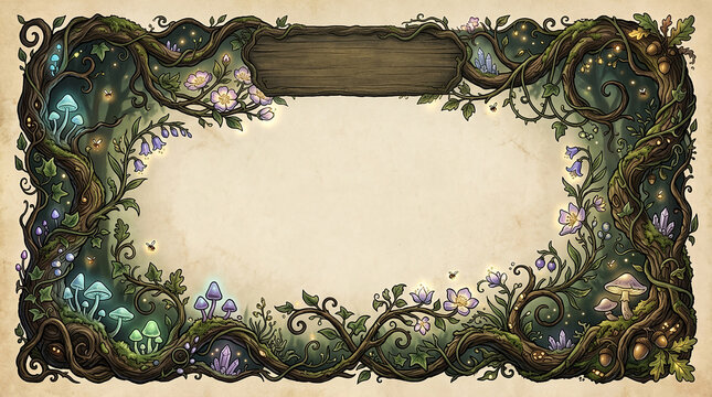 Floral woodland branch frame with purple wildflowers and wooden sign board for rustic wedding stationary design.