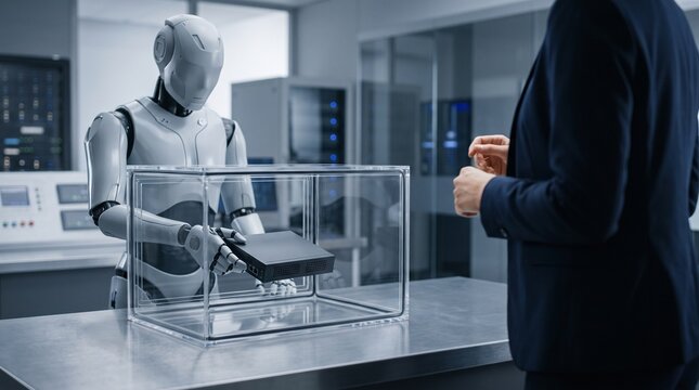 Scientist supervising sleek white android placing electronic device inside clear acrylic enclosure in high tech research lab   