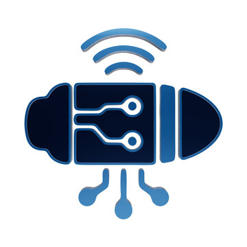 Blue glowing satellite icon with solar panels, circuit board patterns, and signal waves on black space satellite isolated on a transparent background
