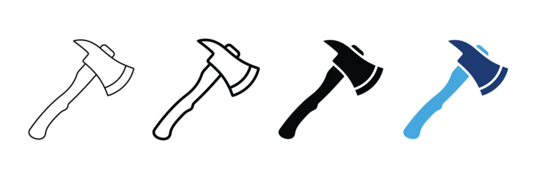 Four fire axe icons in different styles, including outline, solid, and flat design, vector illustration