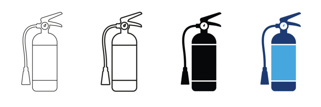 Four fire extinguisher icons in different styles including outline, solid, and flat vector designs