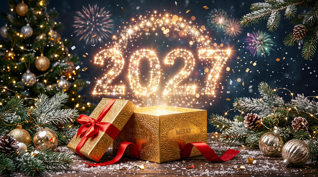 Un elegante regalo navide&ntilde;o revela el n&uacute;mero 2027 entre luces doradas, decoraci&oacute;n festiva, nieve y sutiles fuegos artificiales.