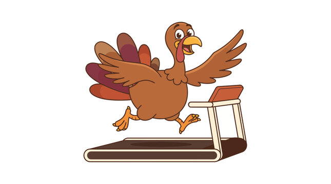 Funny cartoon turkey bird running on a modern treadmill for fitness exercise