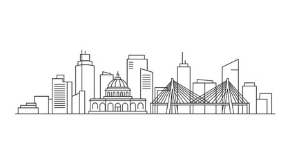 Obraz premium A clean black and white line art vector illustration of a modern city skyline featuring a grand domed building and a cable-stayed bridge.