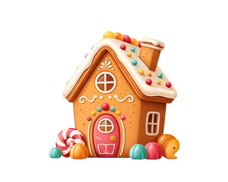 Gingerbread house with candy accents and festive decorations