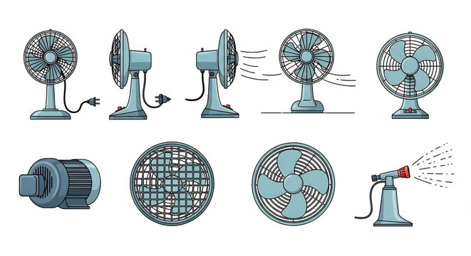 Electric desk fans and kipas angin collection in flat style