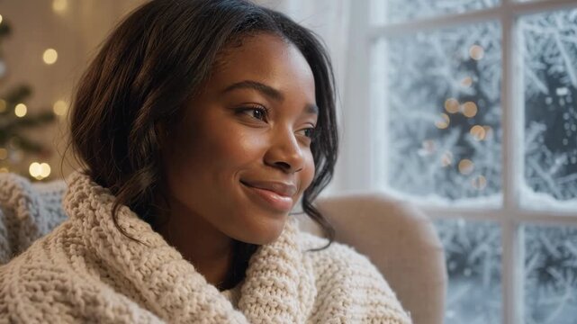 smiling african woman wrapped in warm knitted blanket sitting in armchair by frosty window. cozy home interior with christmas tree. winter holiday relaxation, greeting card