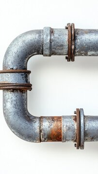 Rustic industrial plumbing pipes form a bold 'C' shape against a white background, showcasing the raw beauty of aged metal and utilitarian design.