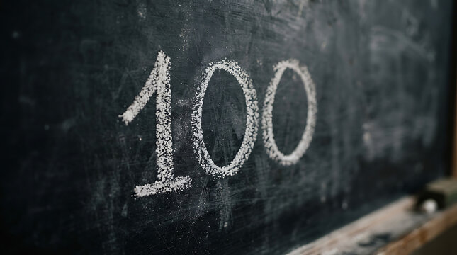 The number one hundred written in white chalk on a blackboard
