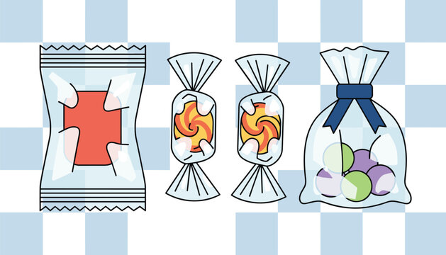 Individually wrapped colorful hard candies and a bag of round sweets in vector illustration on checkered background.