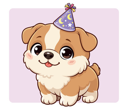 Cute birthday puppy dog cartoon wearing a purple party hat, smiling with big expressive eyes. Hand-drawn vector illustration for kids parties, pet birthdays, greeting cards, invitations and stickers.