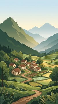 Scenic Mountain Valley Village Surrounded by Terraced Fields and Rolling Hills at Dawn.