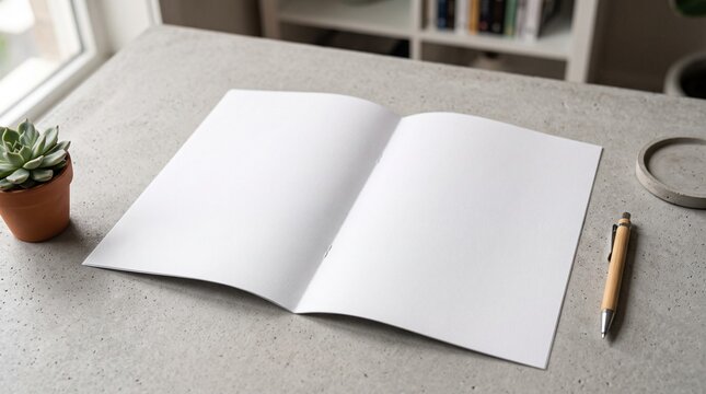 Blank open brochure or zine mockup on concrete table background with succulent and pen