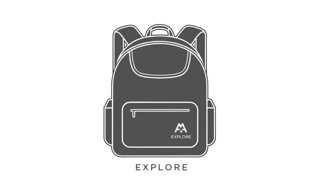 Modern dark gray travel backpack icon with shoulder straps, top handle, front pocket, and explore branding text label.