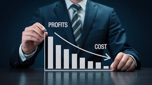Businessman analyzing decreasing costs and financial chart with profit growth strategy