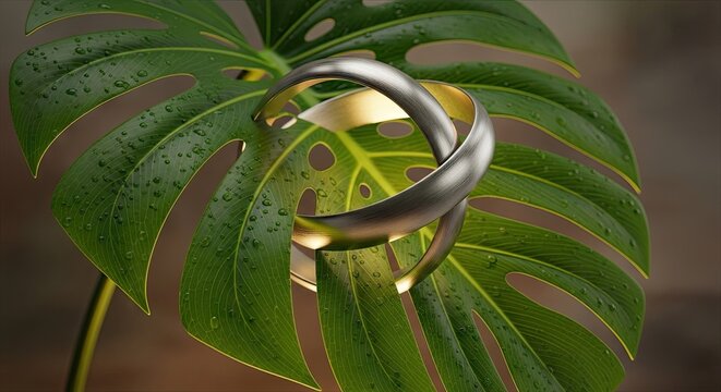 Monstera leaf close up with interlocking metal rings.