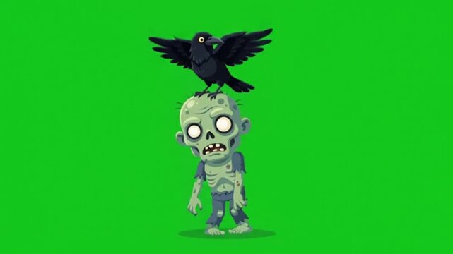 A spooky cartoon illustration featuring a cute undead zombie character standing with a mysterious black crow perched on its head against a solid green screen background for easy chroma key removal