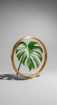 Monstera leaf inside a gold ring on white background