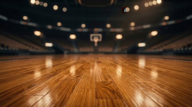 Low angle view of a shiny hardwood basketball court with blurred arena lights.